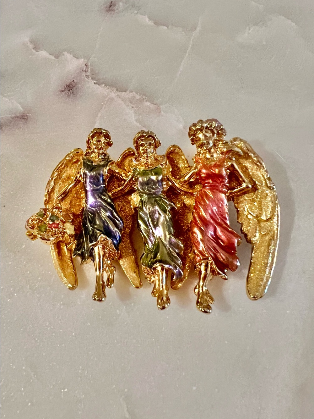 Kirks Folly "Angel Soul Mates" 3 Sisters Brooch Pin Enamel Crystal Gold Tone